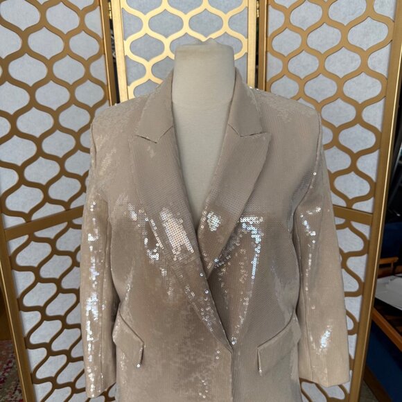 H&M Size L NEW Beige Sequined Glam Rock Party Peak Lapel Blazer Jacket - Picture 9 of 16